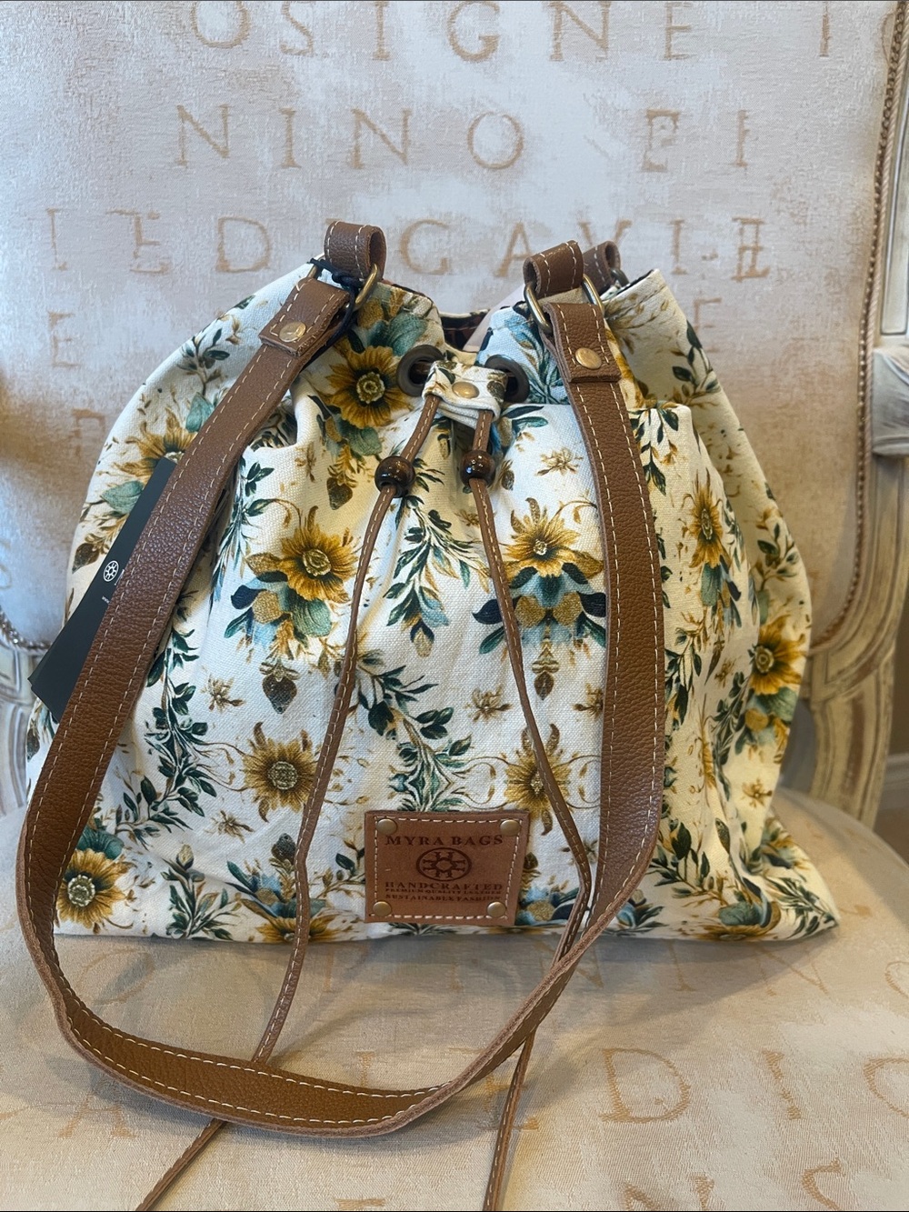 MYRA-Floral Canvas Drawstring Tote Bag with Tan Straps